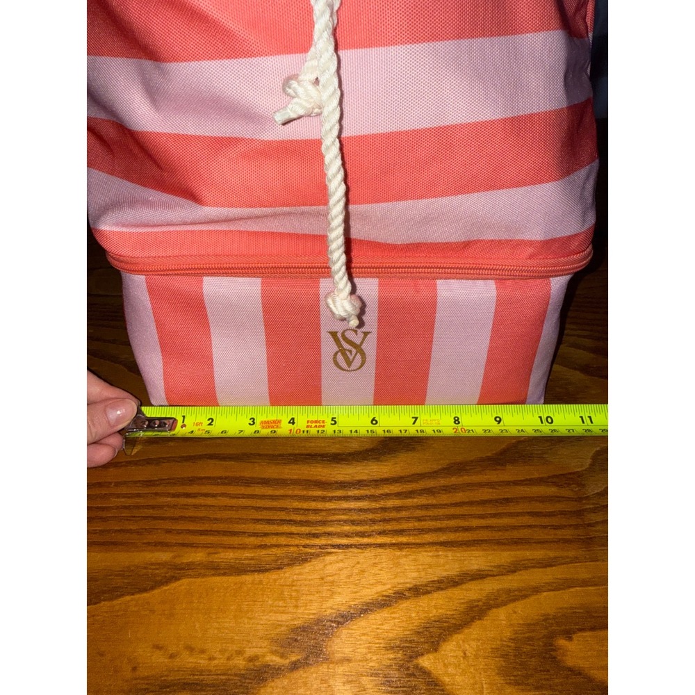 Victorias Secret Pink Striped Drawstring Backpack Cooler Bag Canvas Beach Tote - Picture 5 of 8